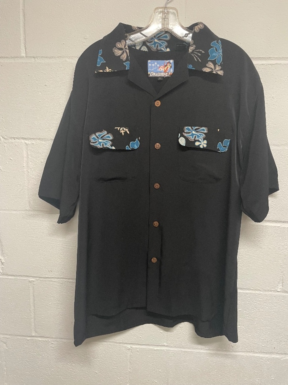 VTG 2000s Dragonfly Pin-Up Girl Patch Casual Mens Bowling Shirt